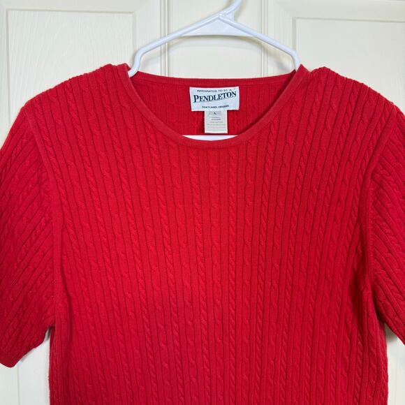 Pendleton Cotton Cable Knit Short Sleeve Sweater Red Classic Pullover Large - Picture 2 of 4